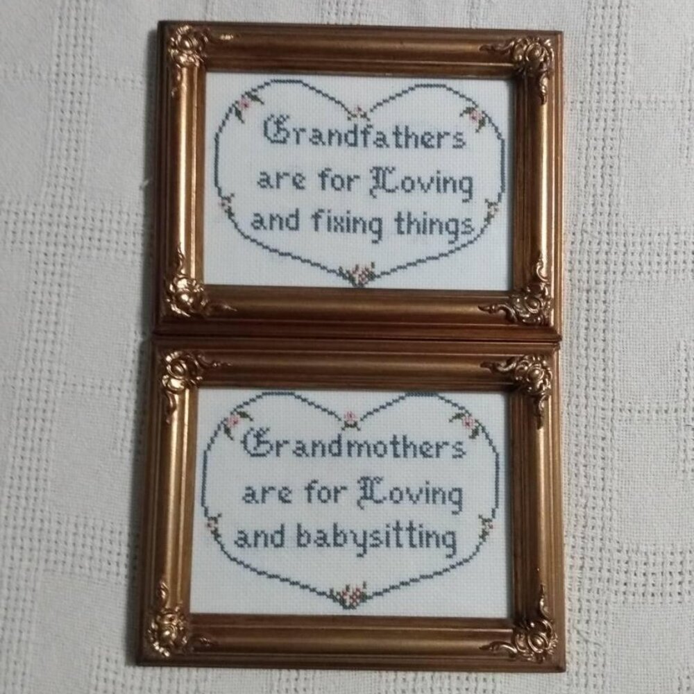 Framed cross-stitched Grandparent pictures